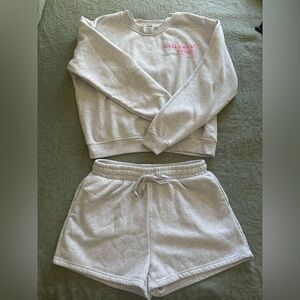 Women's Heather Gray Sweatshirt & Drawstring Shorts Lounge Set - Pink Logo